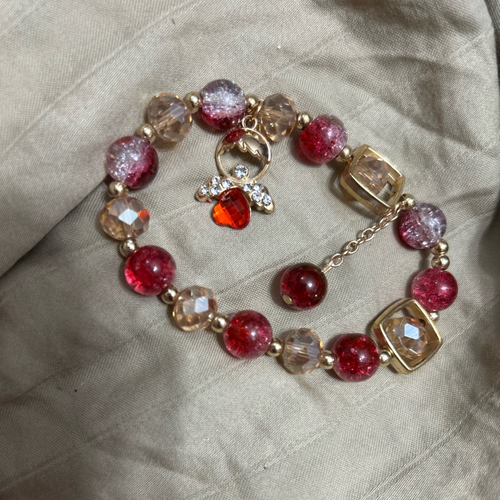 Gold-tone with Red and Clear Glass Beaded Bracelet with Angel Charm - Picture 3 of 4